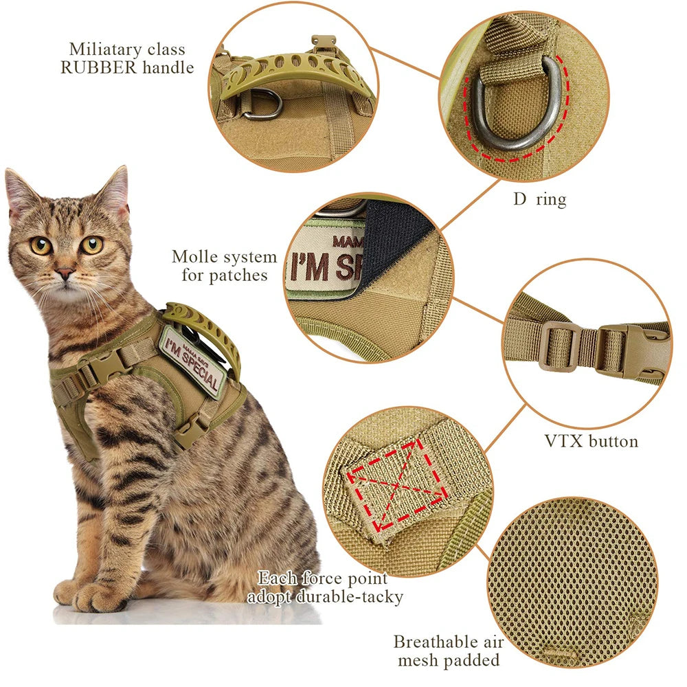 Tactical Cat Harness Leash with 9 Patches