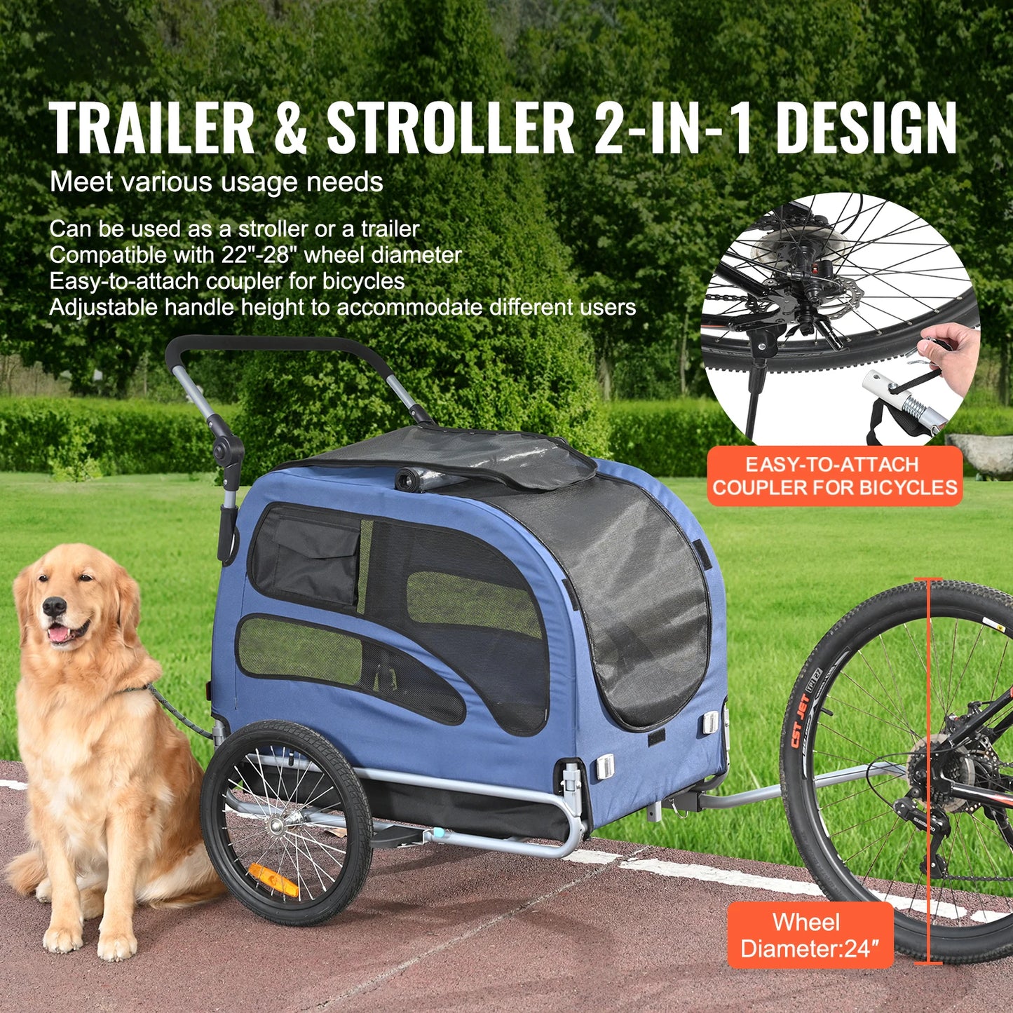 Dog Bike Trailer 2-in-1 Pet Stroller Cart with Wheels Coupler Reflectors