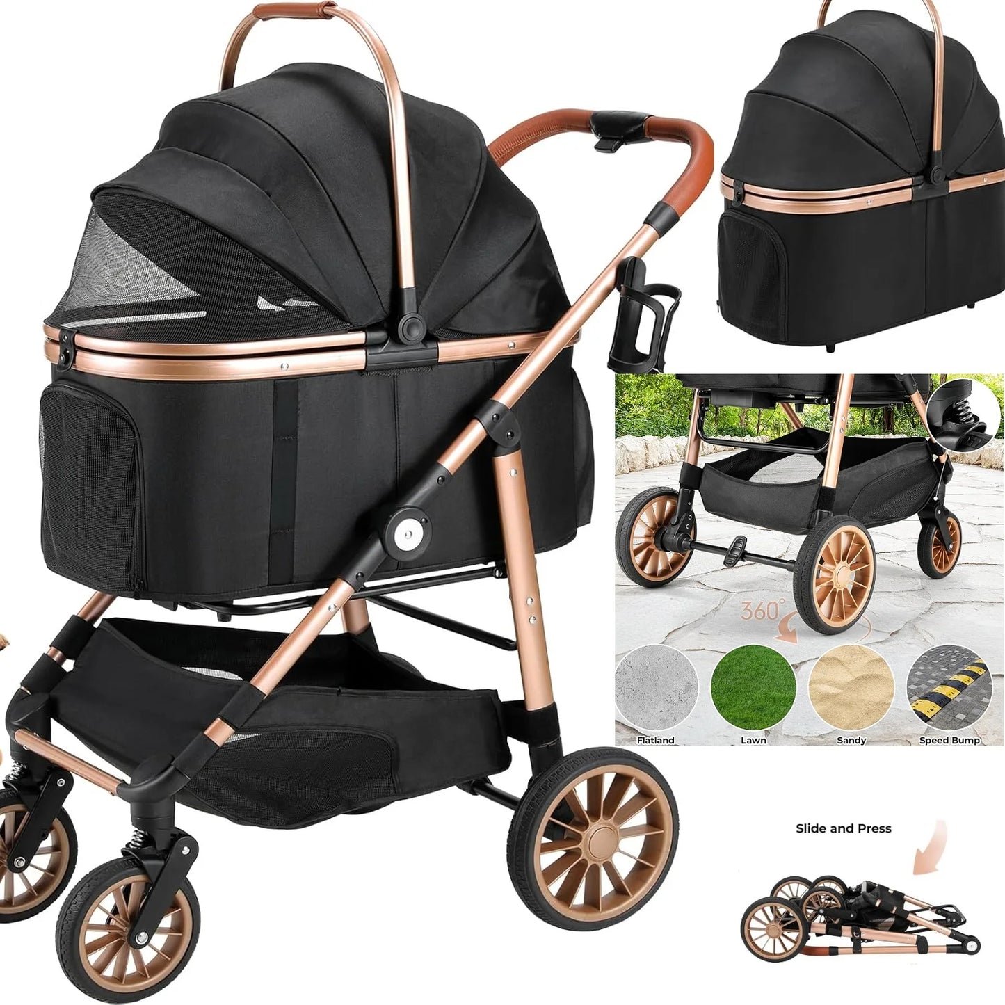 360° High Wheels Transport Foldable Pet Stroller 2in1