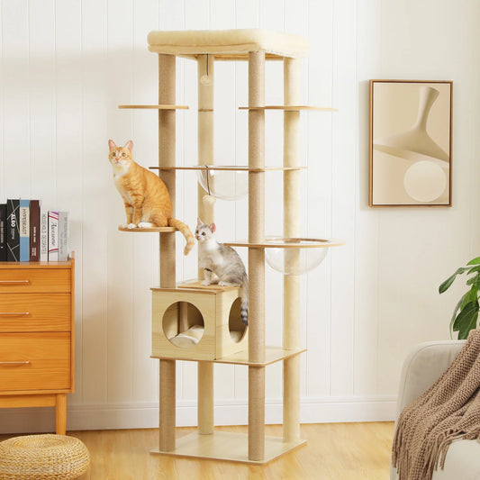 Wooden Multi-Level Cat Tree Tower with Pompoms
