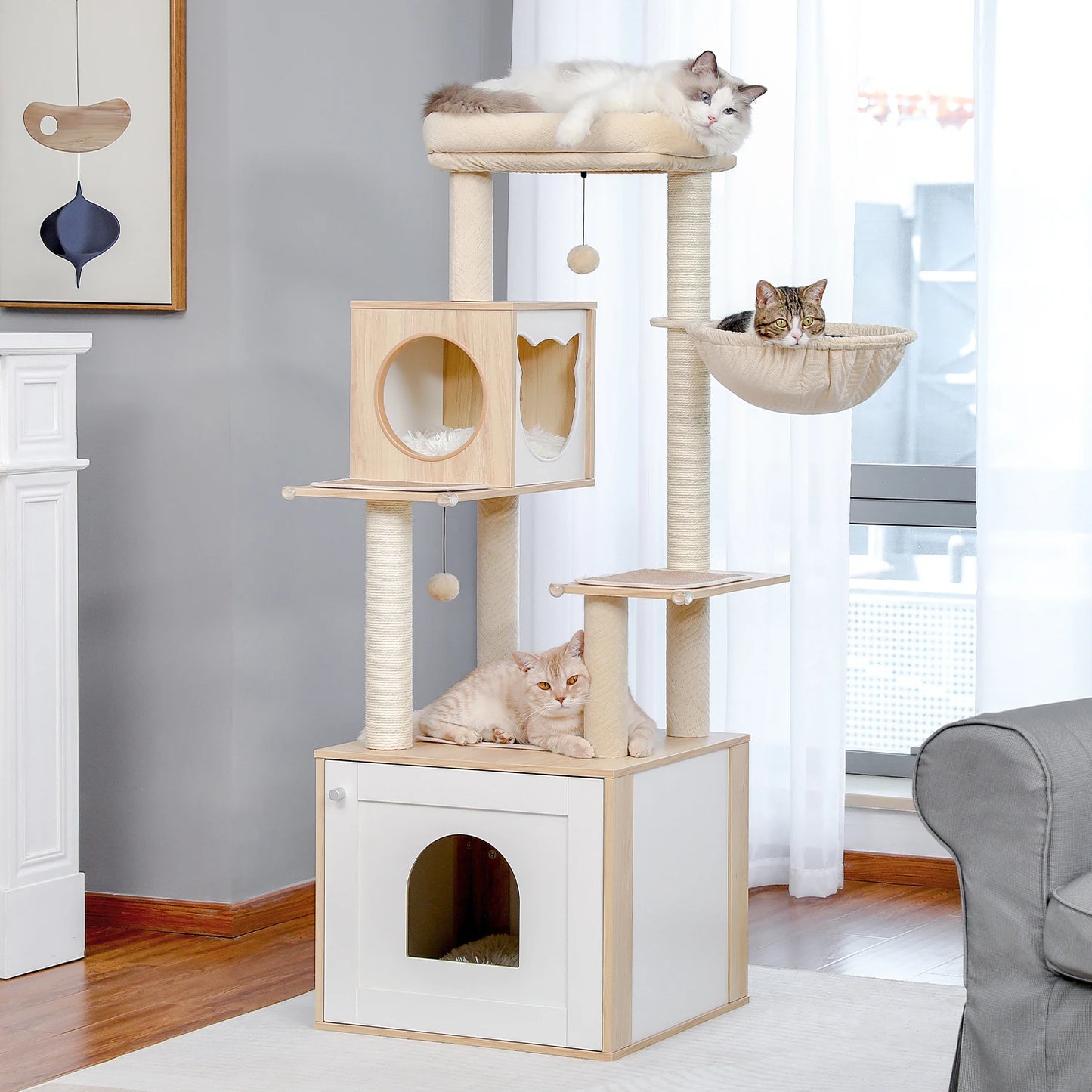 Wooden Cat Tower with Scratching Posts and Spacious Condos