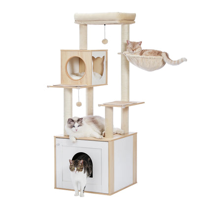 Wooden Cat Tower with Scratching Posts and Spacious Condos