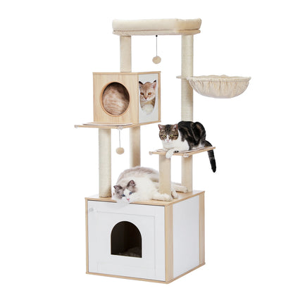 Wooden Cat Tower with Scratching Posts and Spacious Condos