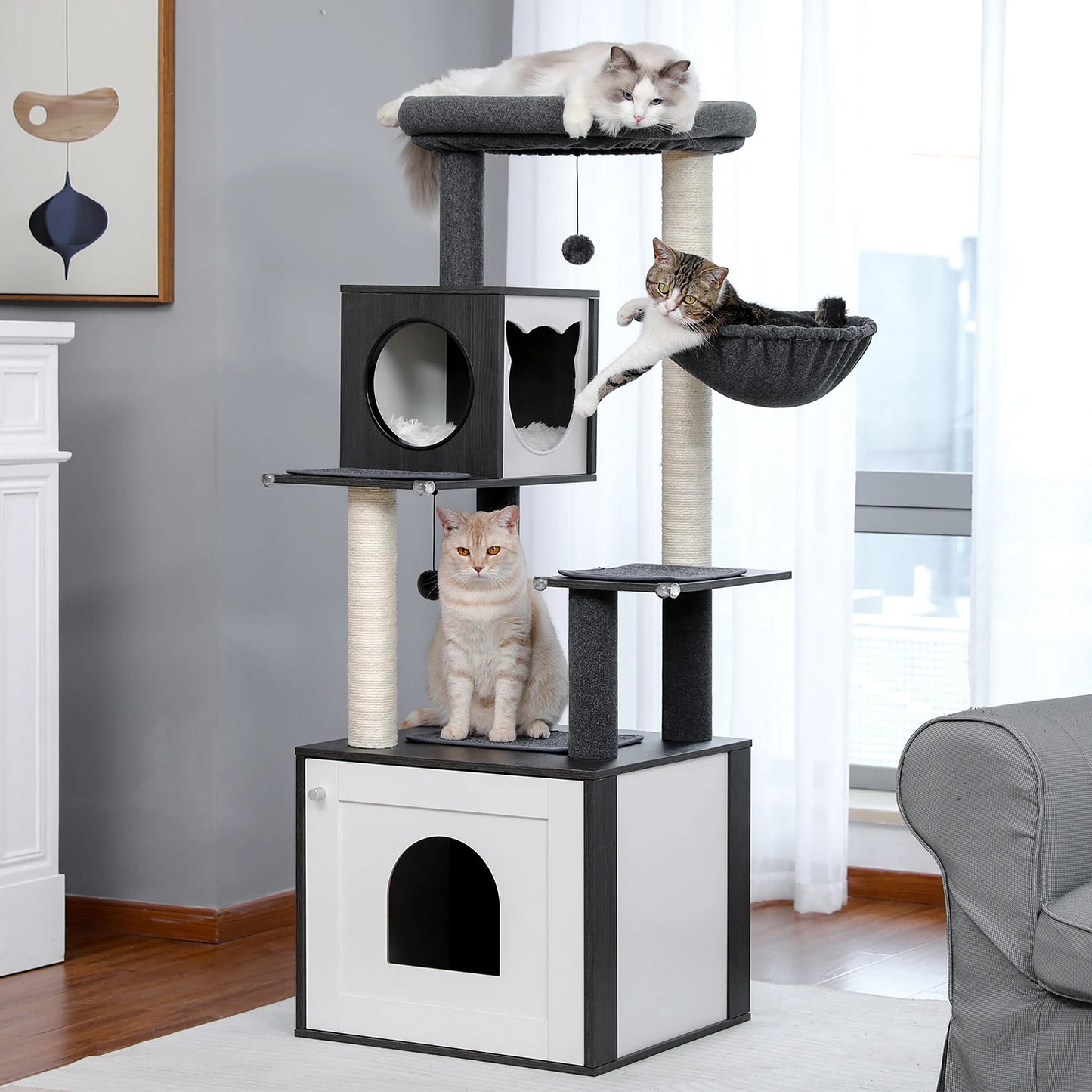 Wooden Cat Tower with Scratching Posts and Spacious Condos
